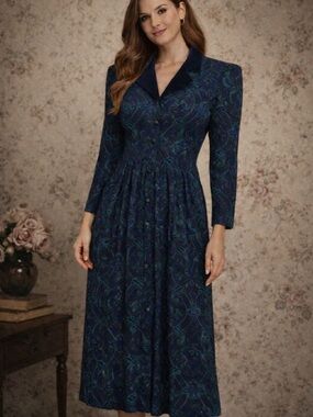 Vintage Karin Stevens Paisley Midi Dress Shoulder Pads Blue Green Size 6